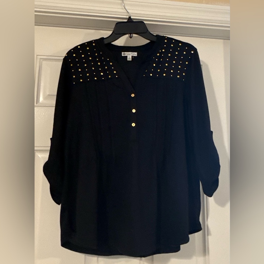 Petite Sophisticate Black Blouse with Gold Stud Detailing